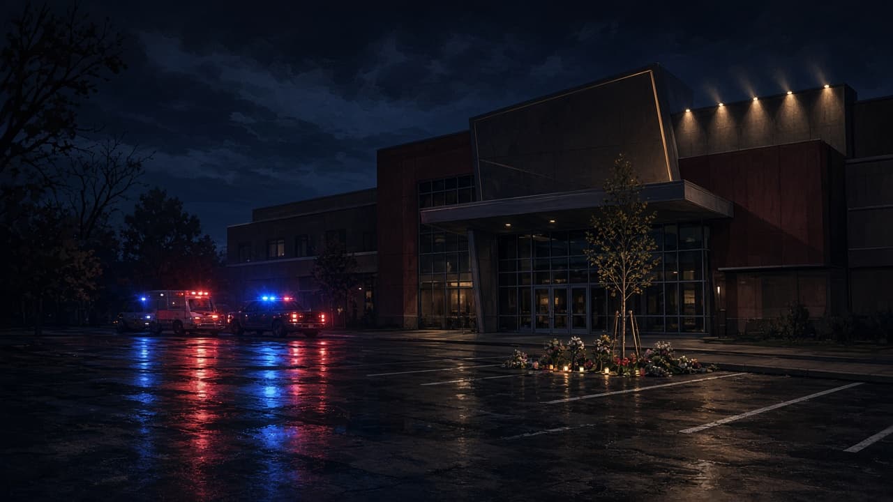 Illustrative view of a memorial of flowers and candles near a cinema in Aurora, Colorado