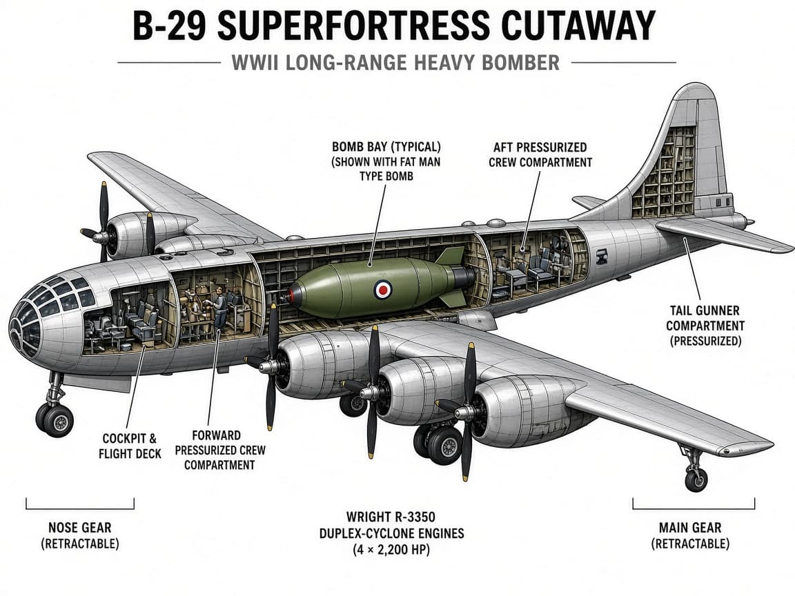 Educational diagram of a B-29 bomber and Fat Man bomb path