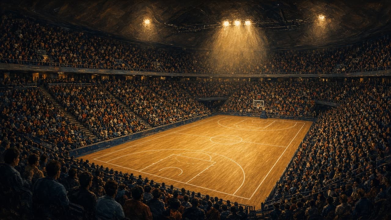 Illustrative view of a packed Barcelona Olympic basketball arena in 1992