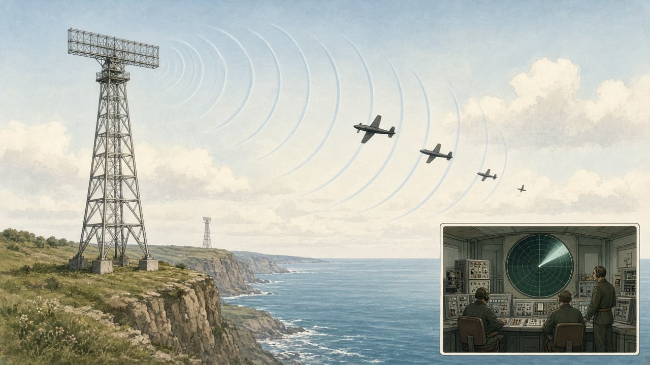 Educational diagram of coastal radar stations feeding a fighter control room