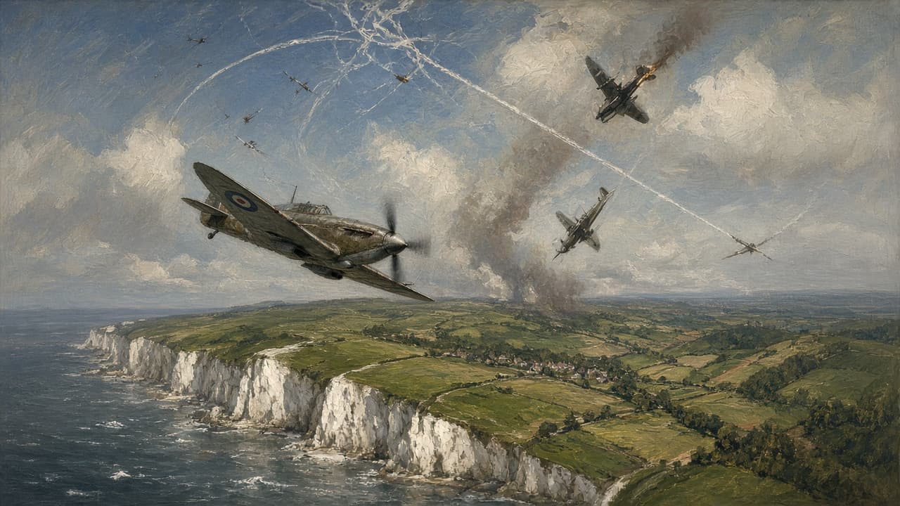 Illustrative view of RAF fighters climbing toward vapor trails in a 1940 sky