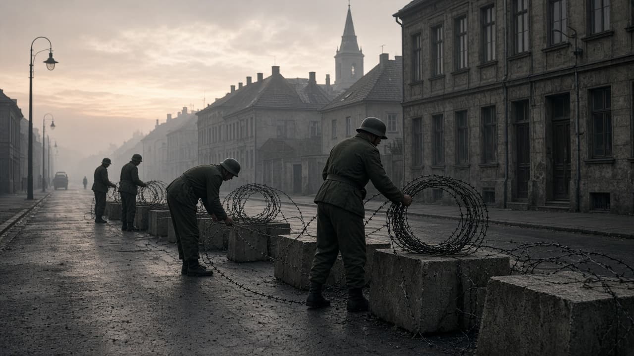 Illustrative barbed wire and concrete barriers dividing a city street