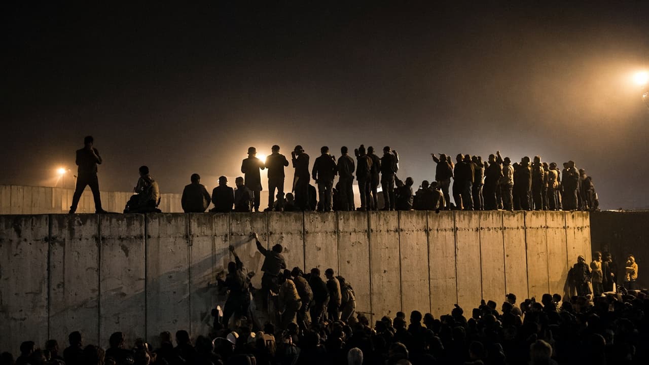 Illustrative view of crowds at the Berlin Wall at night
