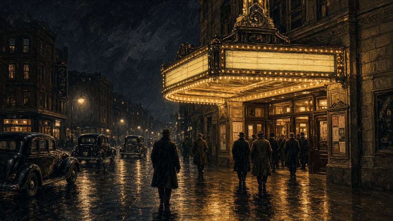 Illustrative view of the Biograph Theater marquee on a Chicago street at night in 1934