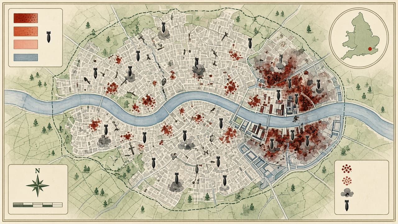Educational map of London showing the Thames docks, East End districts and central areas targeted in the early Blitz