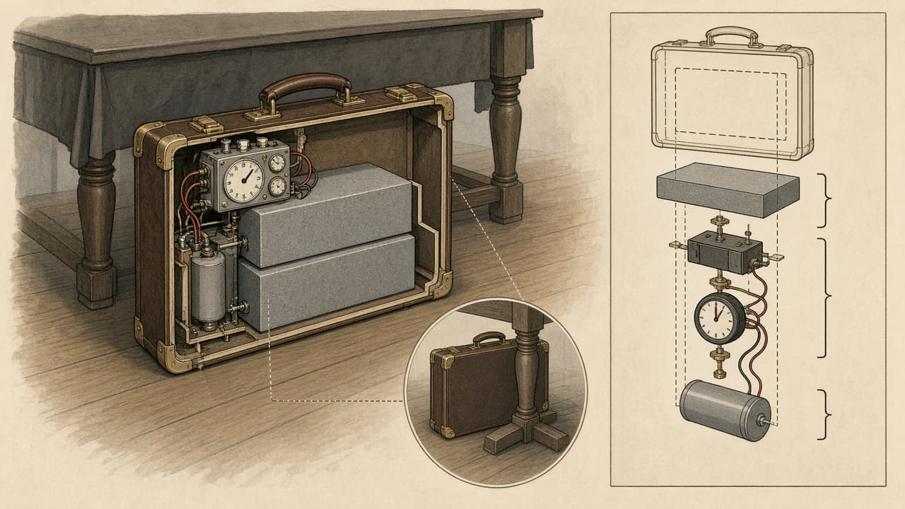 Educational diagram of the conference barrack showing the map table, its heavy oak support, the position of the briefcase and Hitler's place
