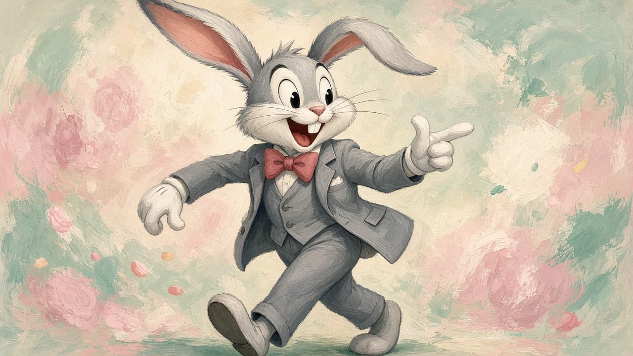 Illustrative 1940s animation cel of a wisecracking grey rabbit leaning out of a burrow with a carrot