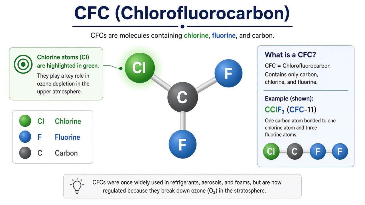 Educational simplified diagram of a CFC molecule with chlorine highlighted