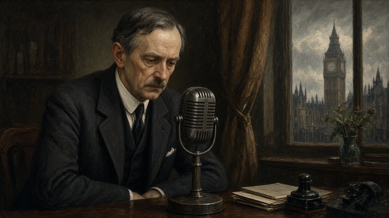 Illustrative scene of Neville Chamberlain announcing war in 1939