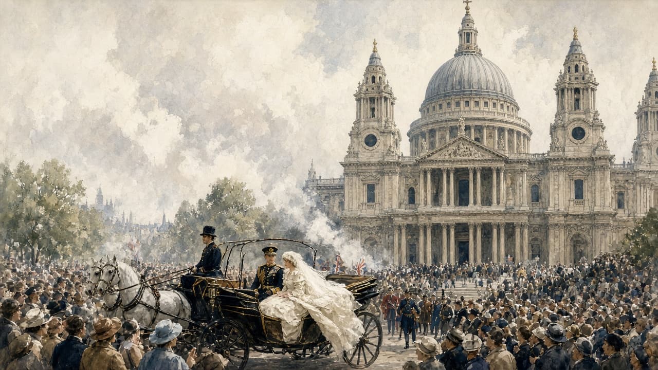 Illustrative view of the 1981 royal wedding ceremony at St Paul's Cathedral