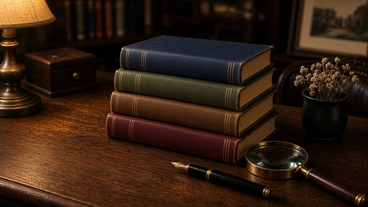 Illustrative stack of classic mystery novels and a reading lamp