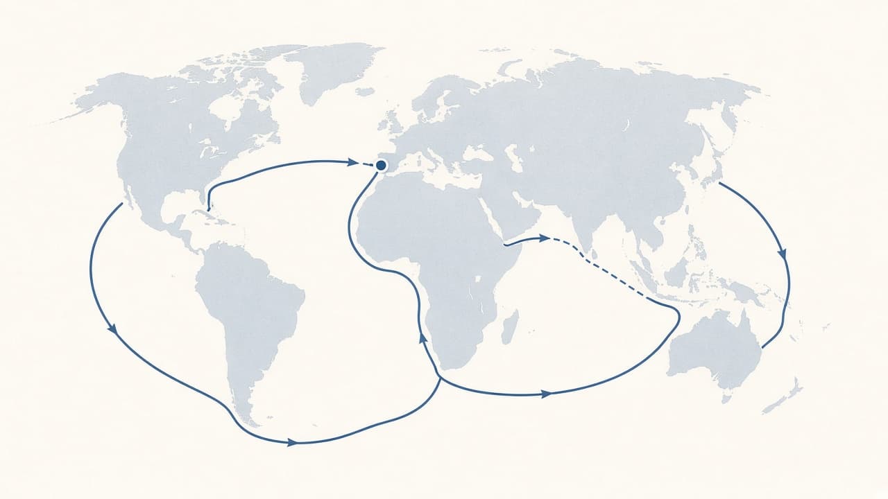 Educational map of the first circumnavigation showing the route from Spain through the Strait of Magellan, across the Pacific, through Asia and around Africa back to Spain