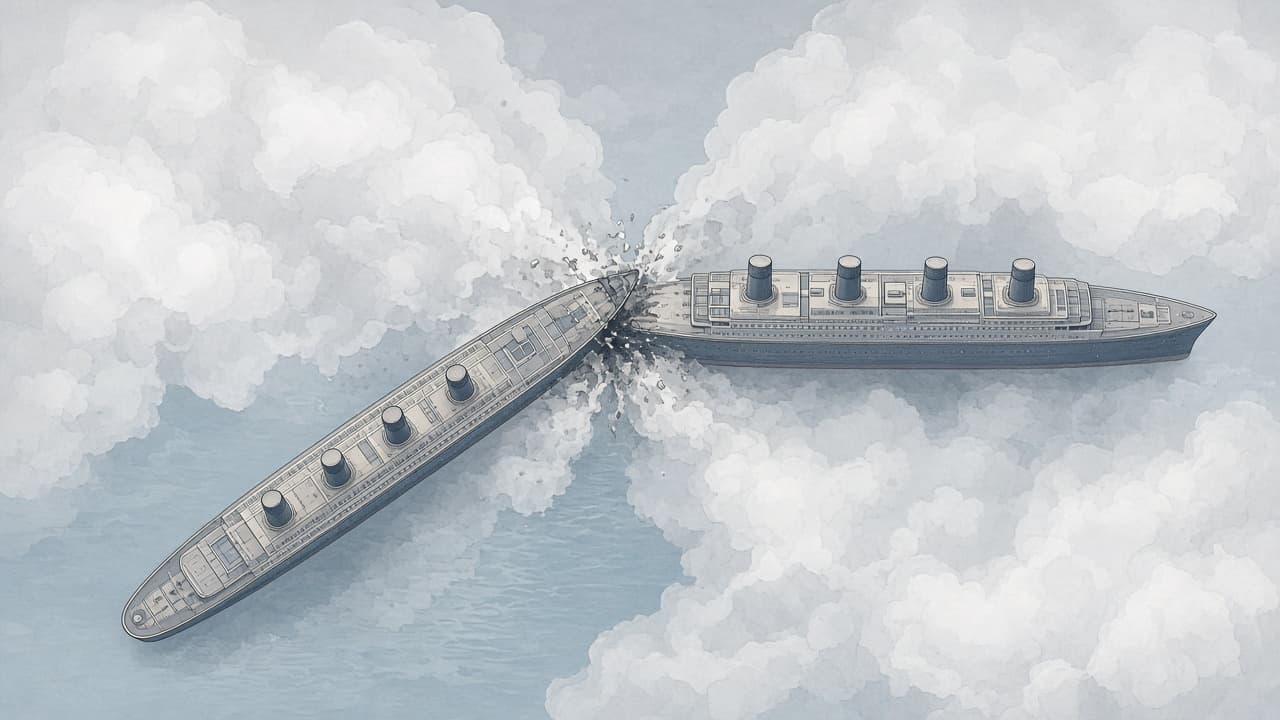 Educational diagram showing two ships approaching in fog with radar bearings and the turns that caused a collision