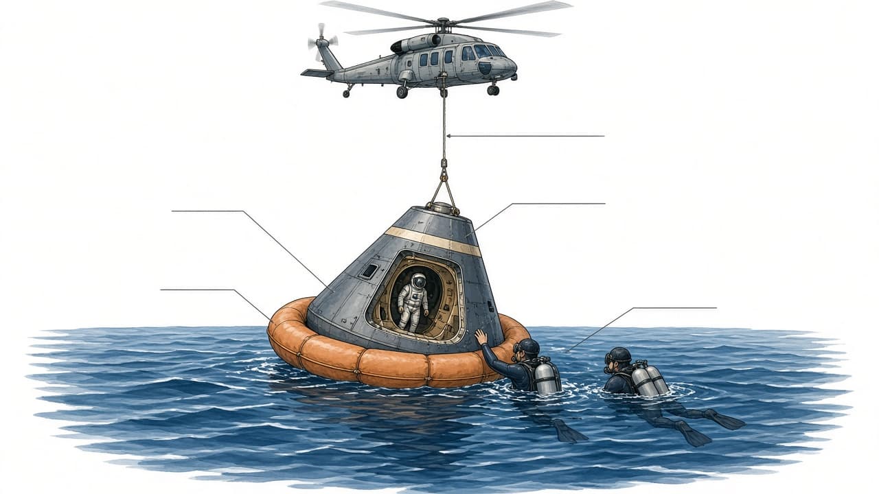 Educational illustration of Navy swimmers and a helicopter recovering the Apollo command module at sea
