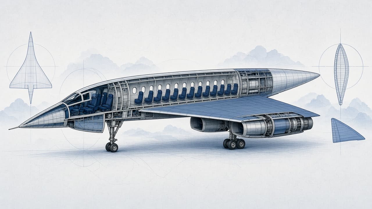 Educational cutaway diagram of Concorde showing wing fuel tanks, engine positions and main landing gear