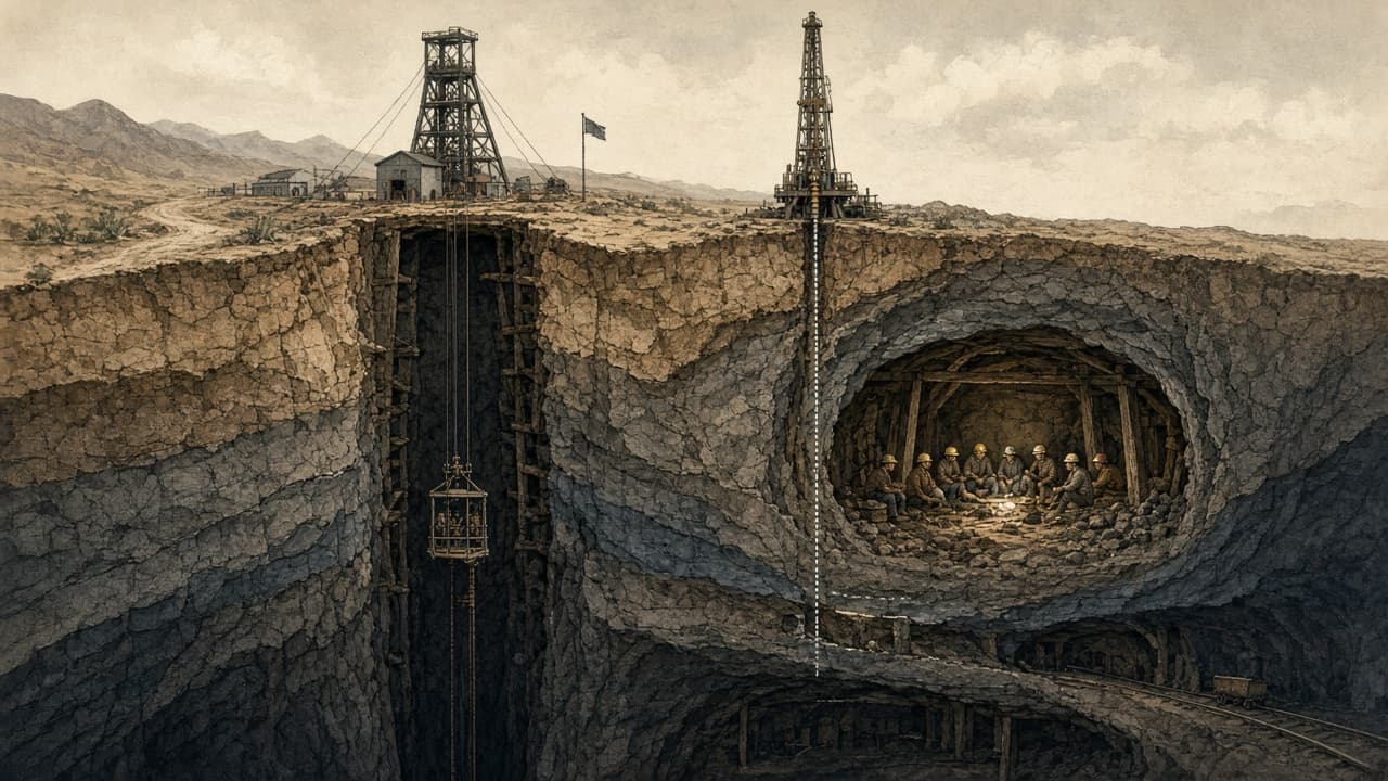 Educational cutaway diagram of the San Jose mine showing the spiral ramp, the collapse point, the refuge and the rescue borehole