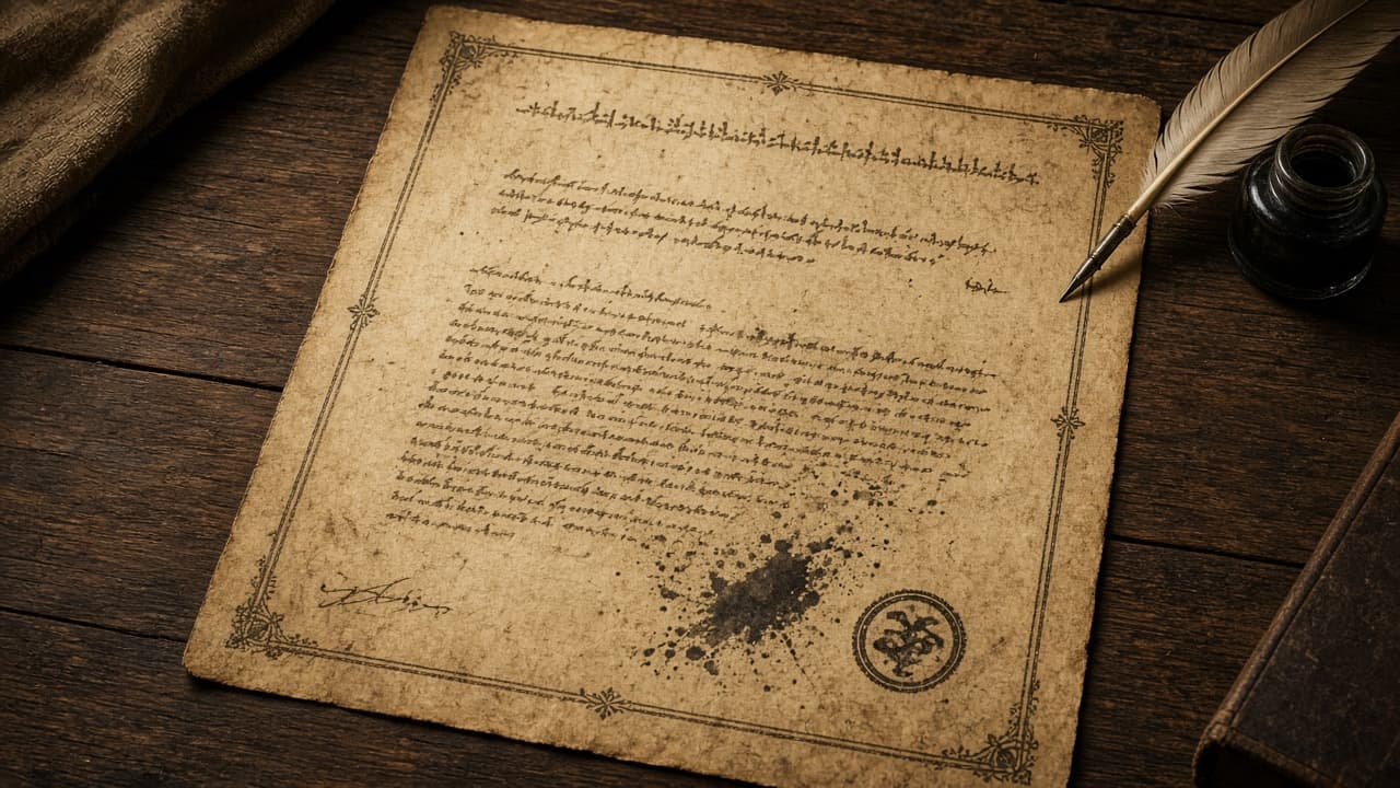 Educational view of the engrossed Declaration of Independence parchment with signature blocks arranged by state