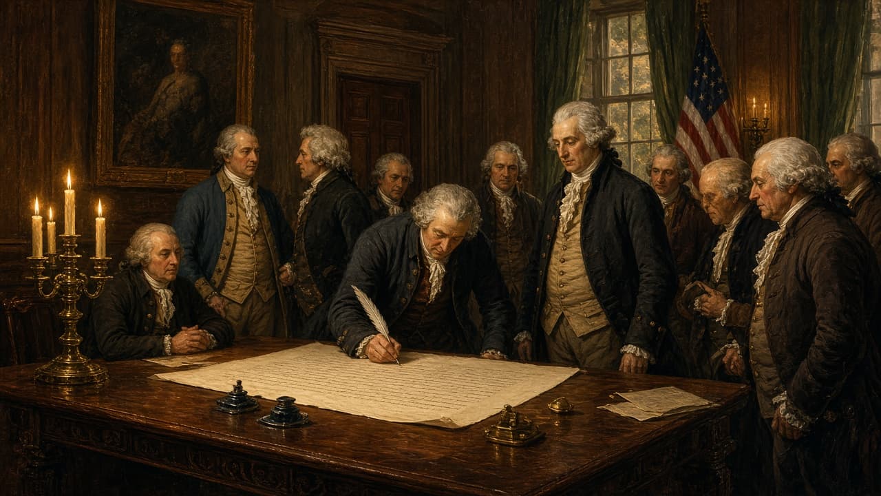 Illustrative view of delegates signing a parchment in a Philadelphia assembly room in 1776