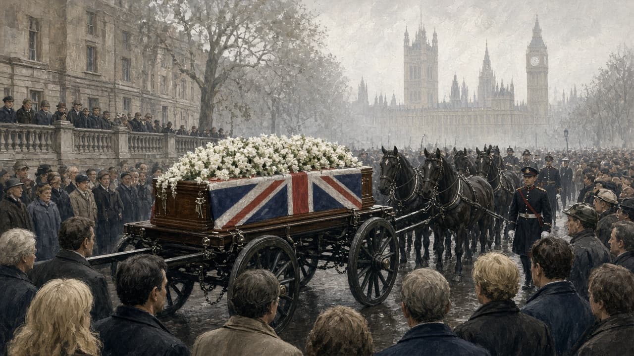 Illustrative view of the funeral procession for Diana, Princess of Wales, in London in 1997