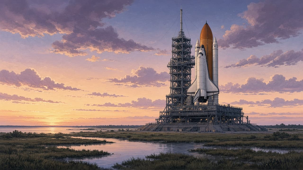 Illustrative Space Shuttle Discovery on the launch pad stacked with boosters and tank