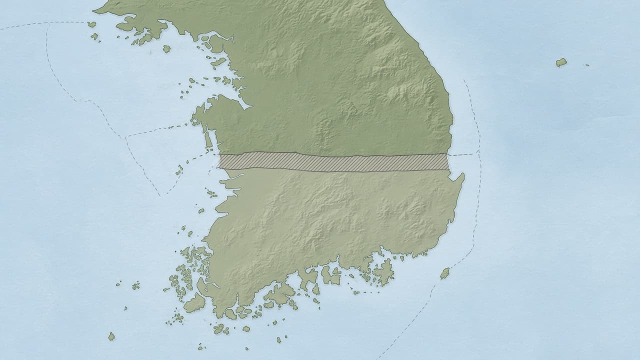Educational map of the Korean peninsula showing the 38th parallel, the Military Demarcation Line and the four kilometre wide Demilitarized Zone