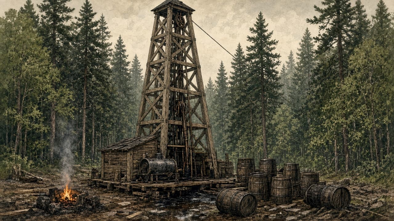 Illustrative wooden derrick and oil barrels at Drake's 1859 Pennsylvania well