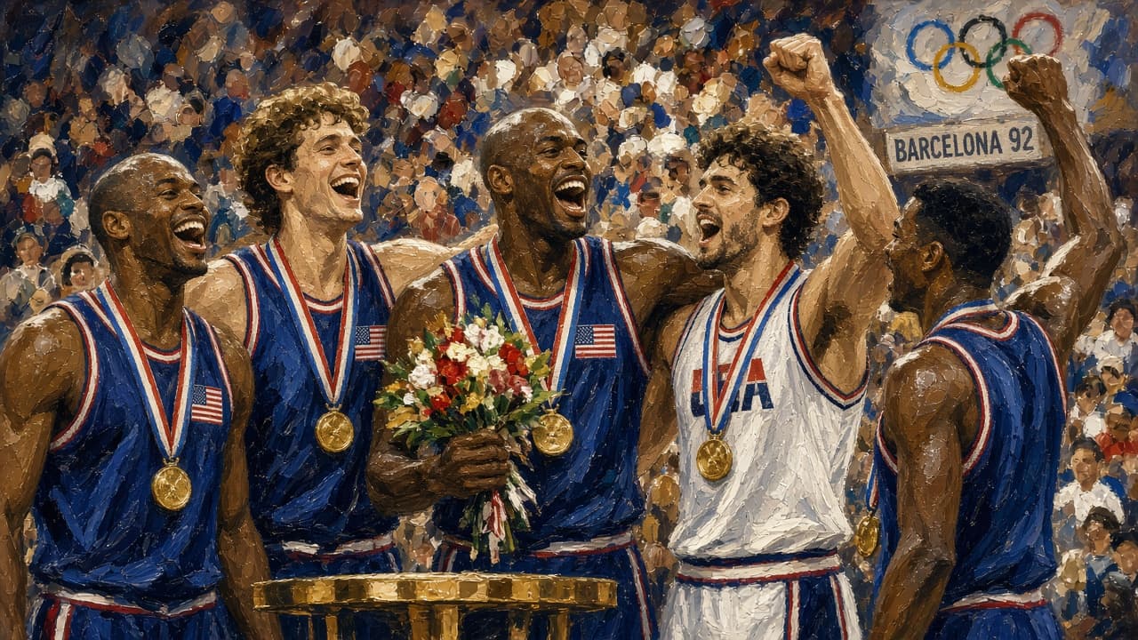 Illustrative view of the 1992 United States Olympic basketball team on court in Barcelona