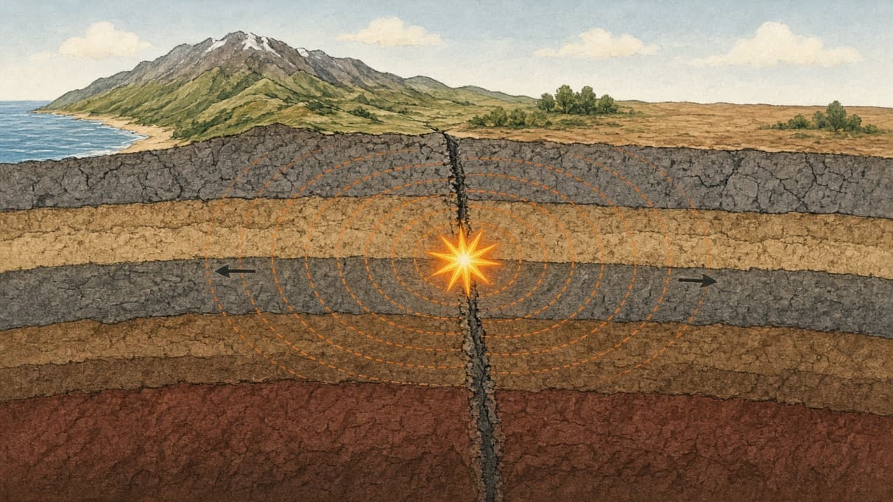 Educational diagram of a strike-slip fault showing locked rock, stored strain, sudden slip and seismic waves radiating to the surface