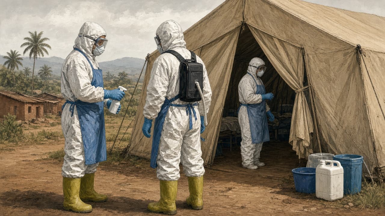 Illustrative scene of health workers in protective suits at a West African treatment unit in 2014