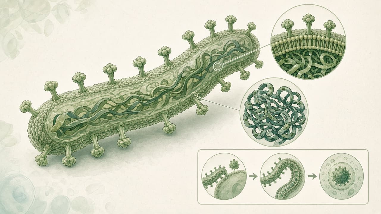Educational diagram of the Ebola virus showing its filament shape, RNA genome, surface glycoprotein and route of entry into a human cell