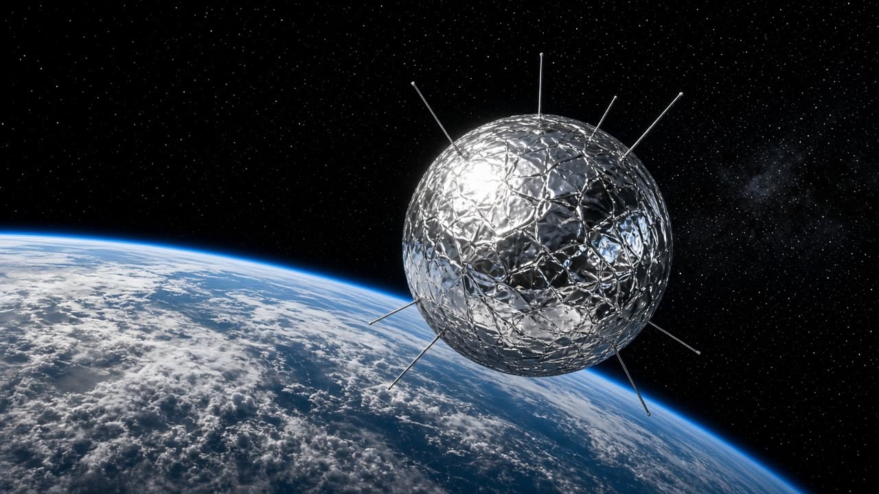 Illustrative giant reflective balloon satellite in orbit above Earth