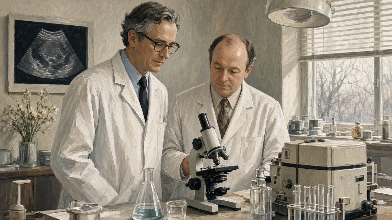 Illustrative portraits of Robert Edwards and Patrick Steptoe, the scientist and surgeon behind the first IVF birth