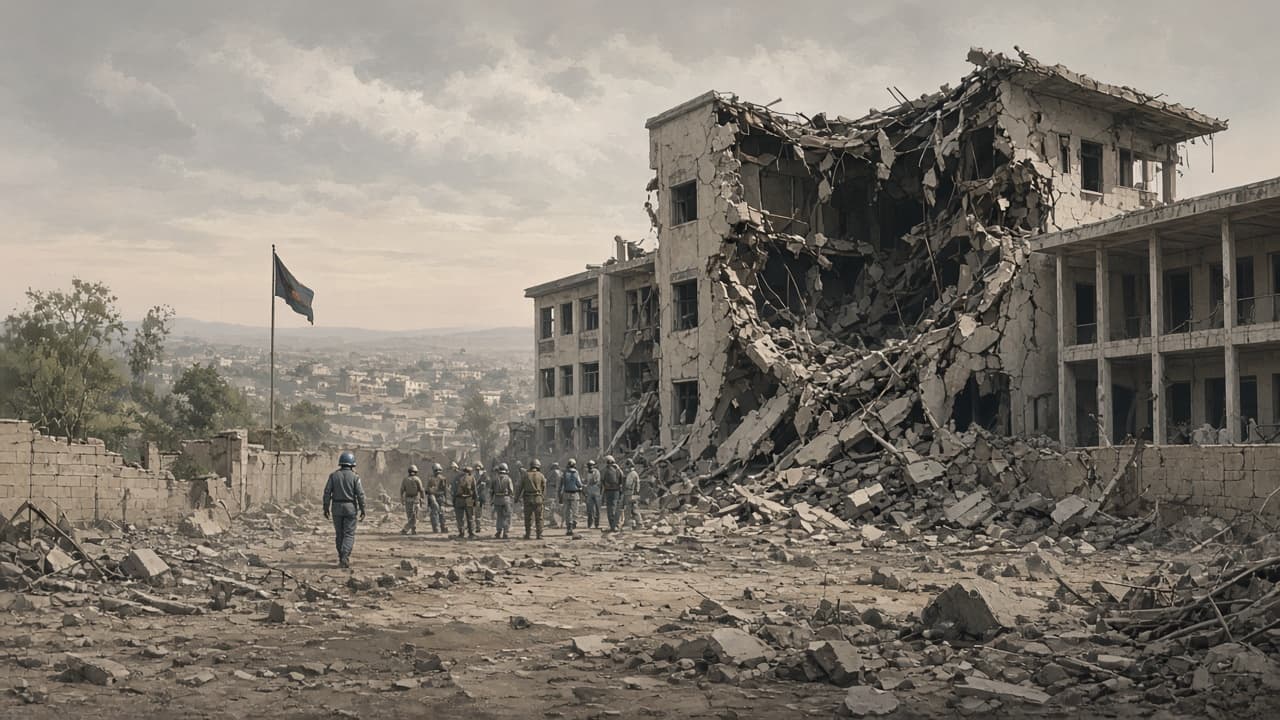 Illustrative view of the aftermath of a truck bombing outside a city-center embassy building in 1998