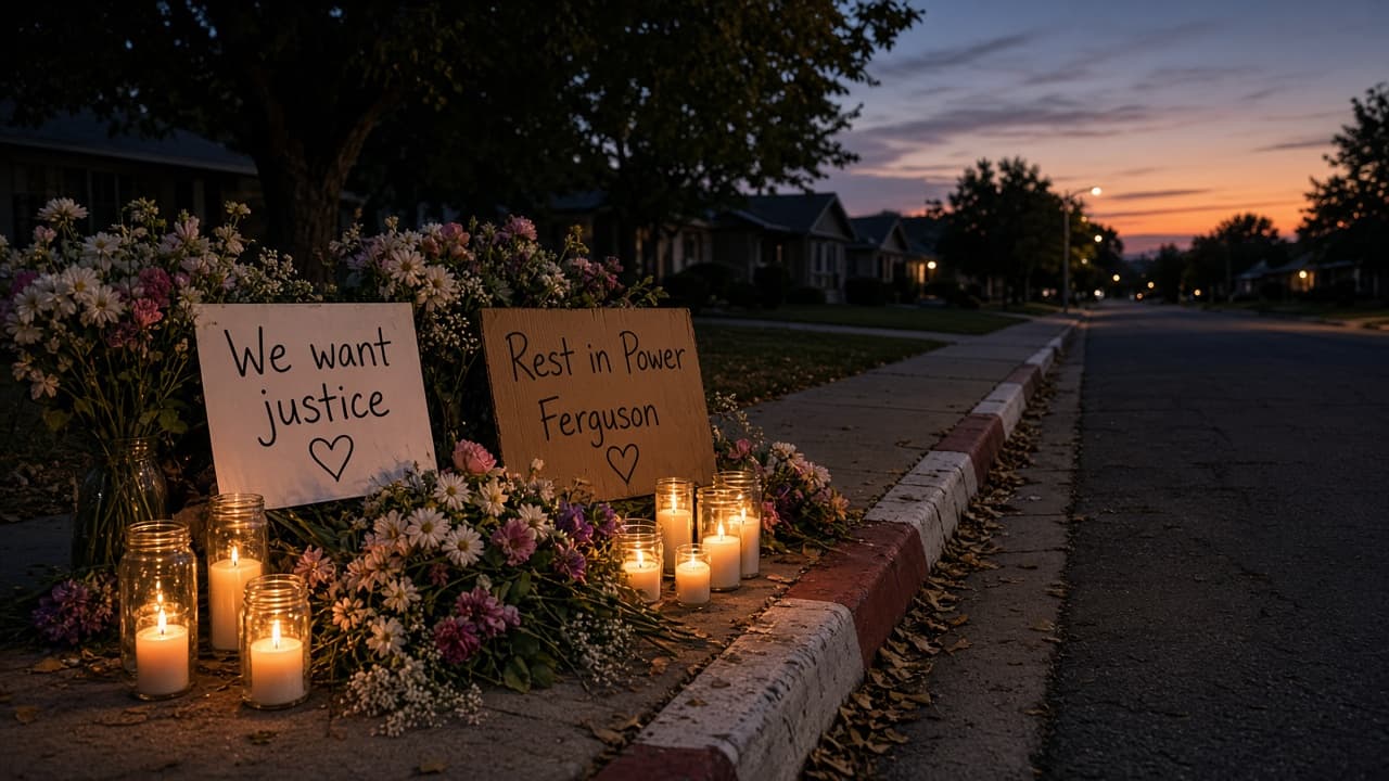 Illustrative roadside memorial with flowers and candles for Michael Brown
