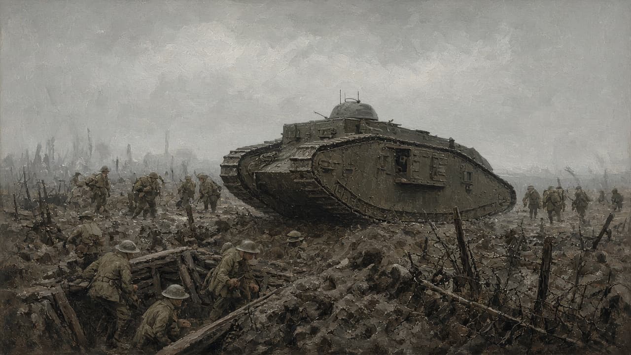 Illustrative Mark I tanks advancing across a cratered First World War battlefield