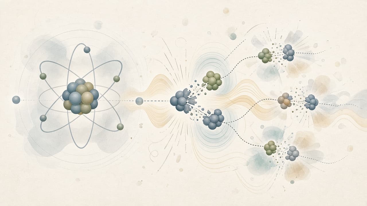 Educational diagram of nuclear fission showing a neutron splitting a uranium nucleus and releasing further neutrons