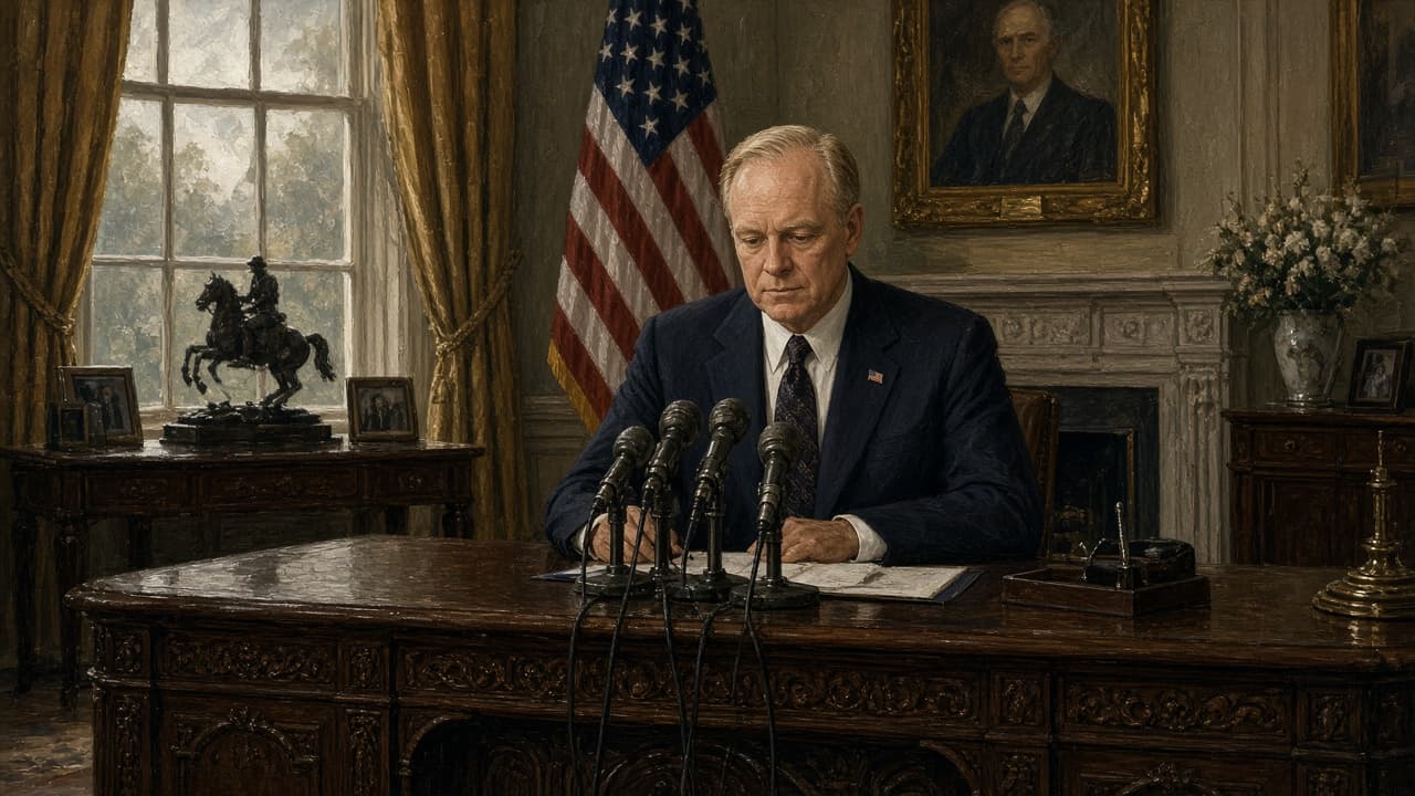 Illustrative view of President Ford announcing the Nixon pardon on television in 1974