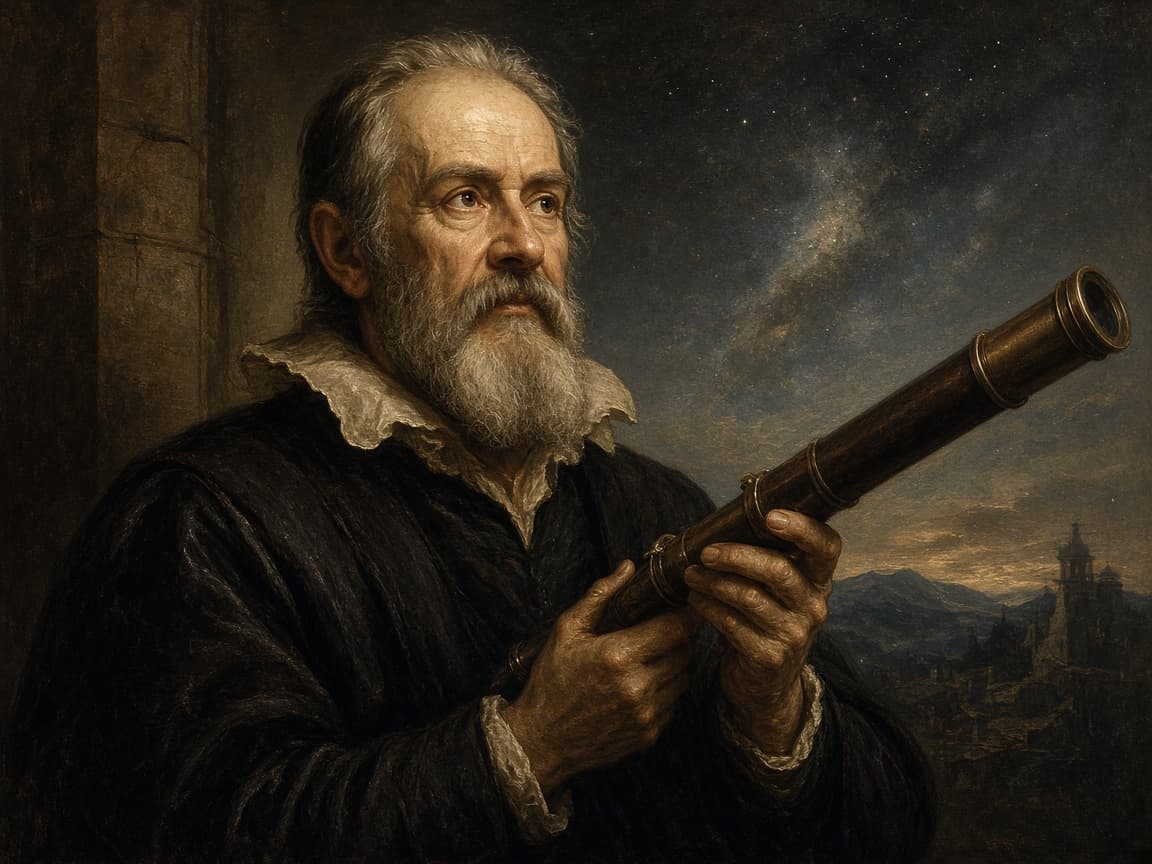 Illustrative portrait of Galileo Galilei with an early telescope