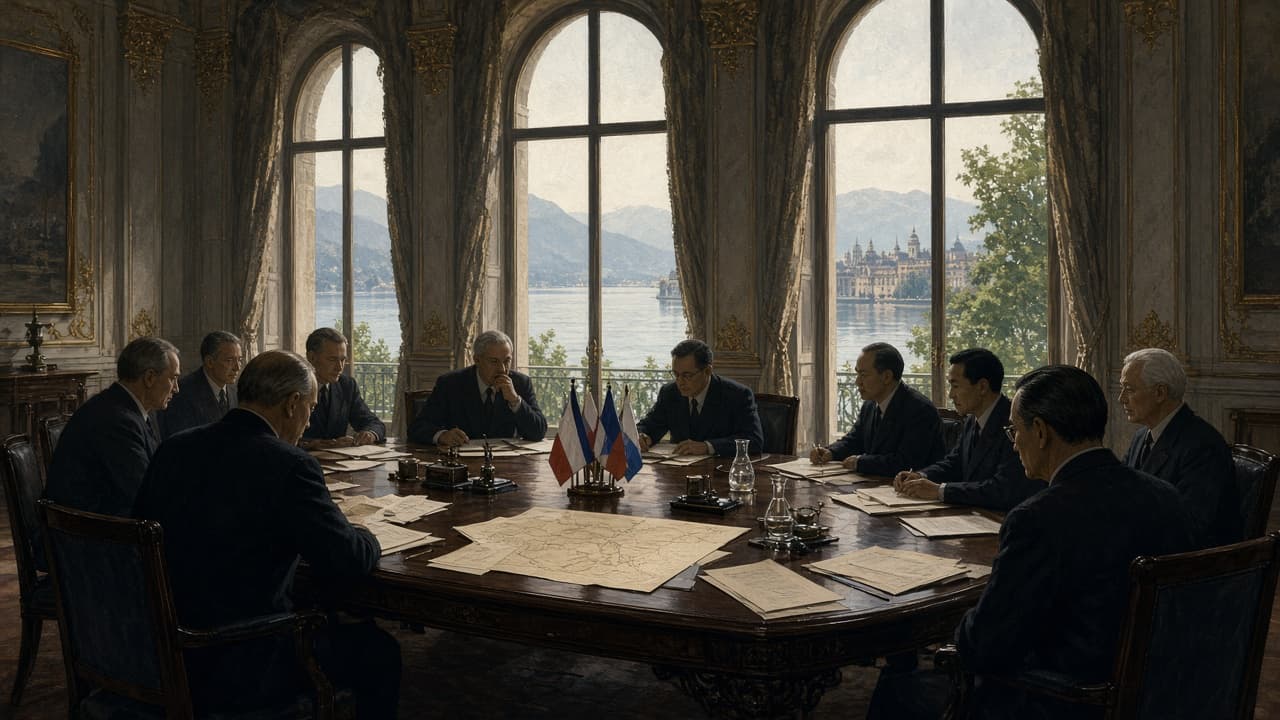 Illustrative view of delegates around a conference table in Geneva in 1954
