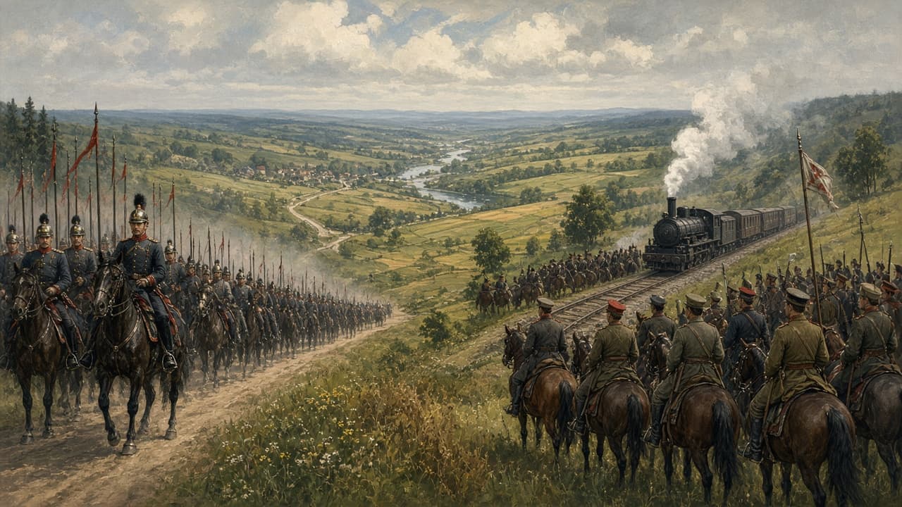 Illustrative view of reservists boarding troop trains in August 1914