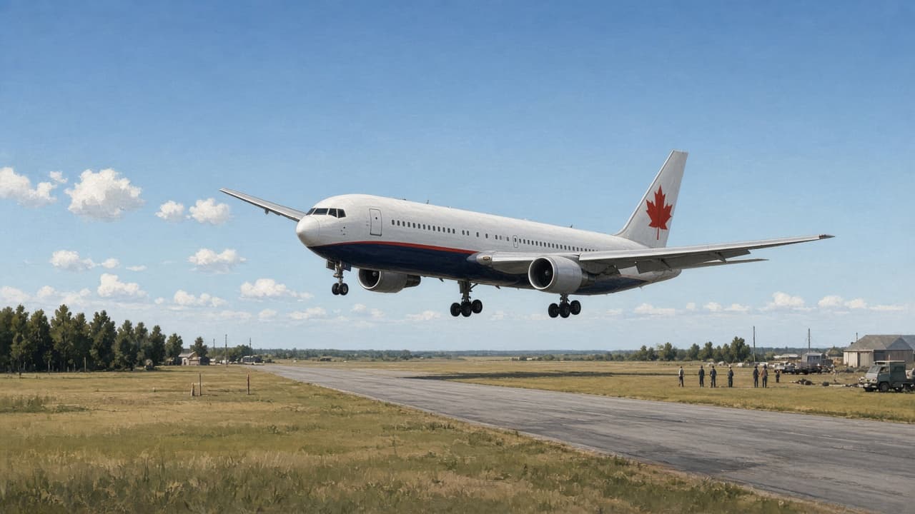 Illustrative view of a wide-body jet gliding toward a disused runway with its engines silent