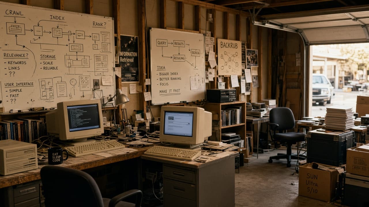 Illustrative view of an early Google garage workspace