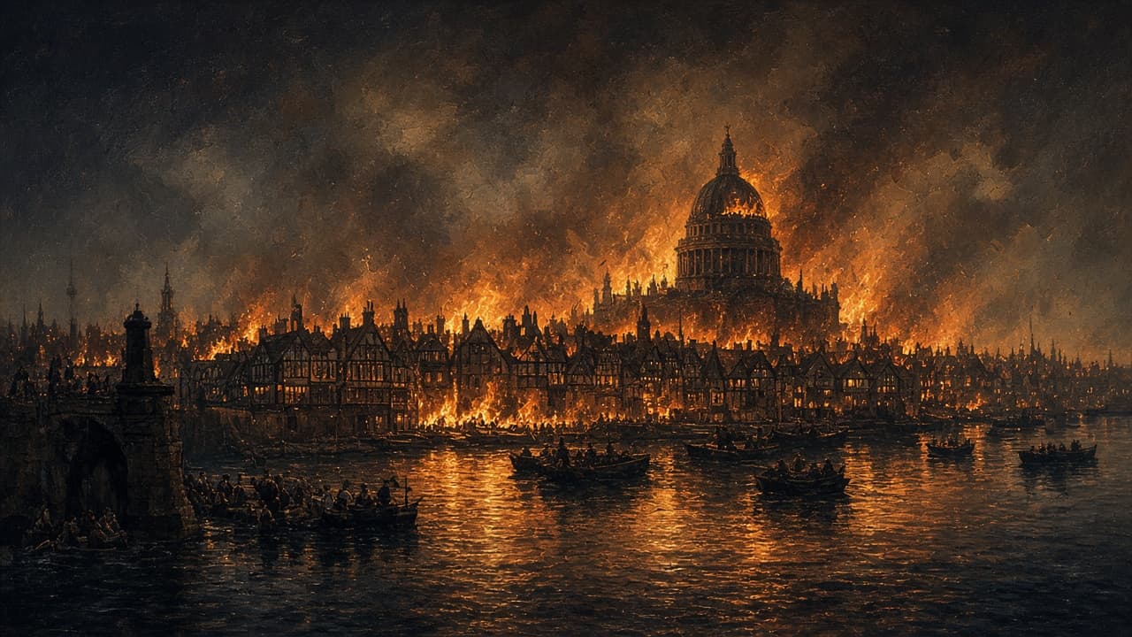 Illustrative view of London burning during the Great Fire of 1666