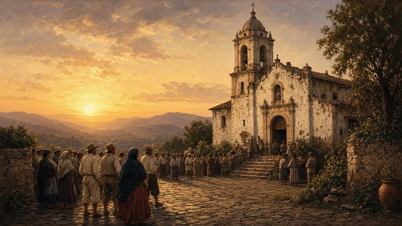 Illustrative dawn gathering at the parish church in Dolores in 1810