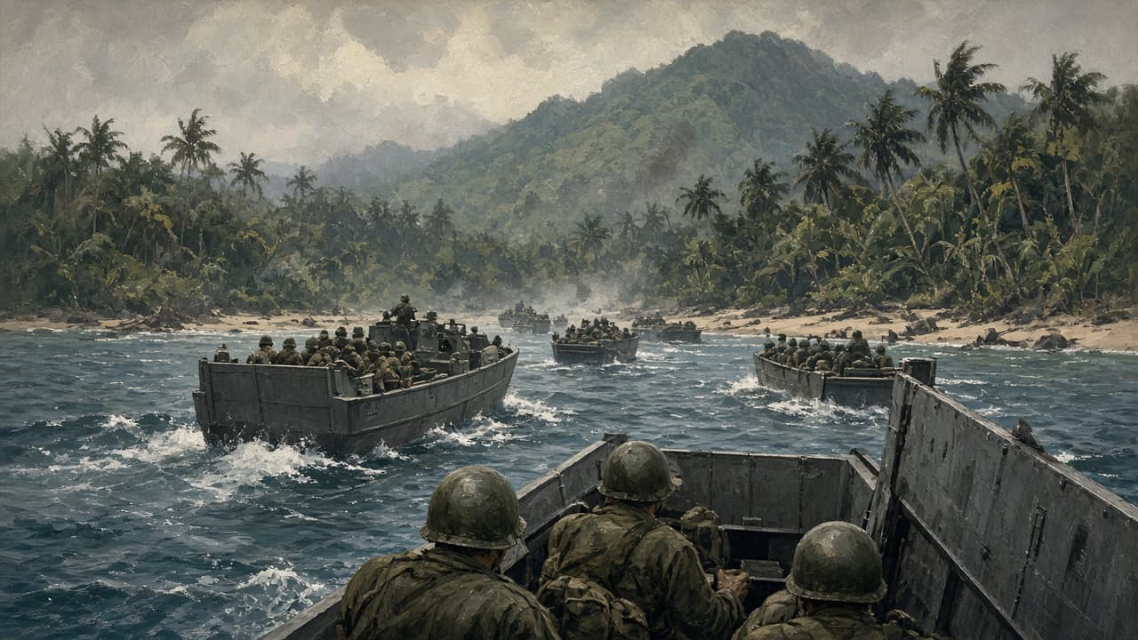 Illustrative view of United States Marines coming ashore from landing craft on a Pacific island beach in 1942