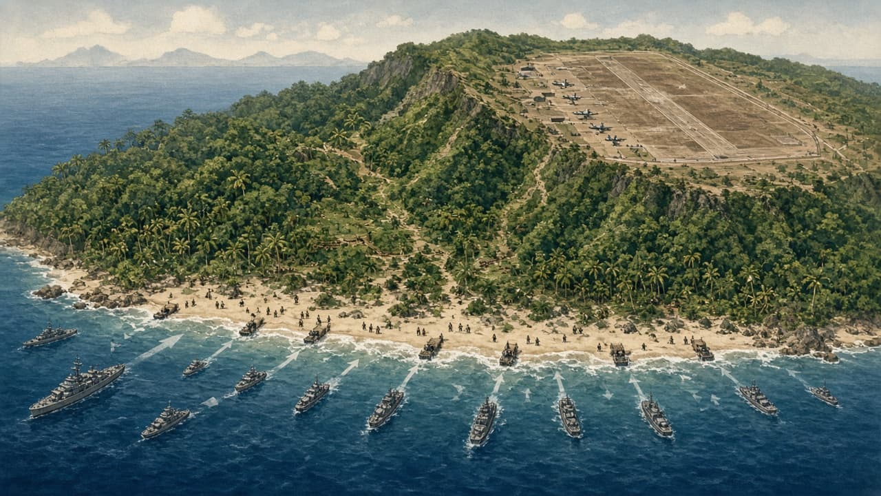 Educational diagram of the Guadalcanal landing showing the beachhead, Henderson Field and the defensive perimeter