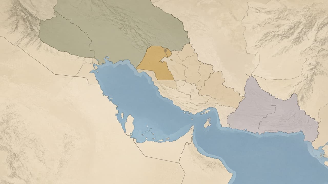 Educational map of the Gulf region showing Iraq, Kuwait, Saudi Arabia and the Rumaila oil field