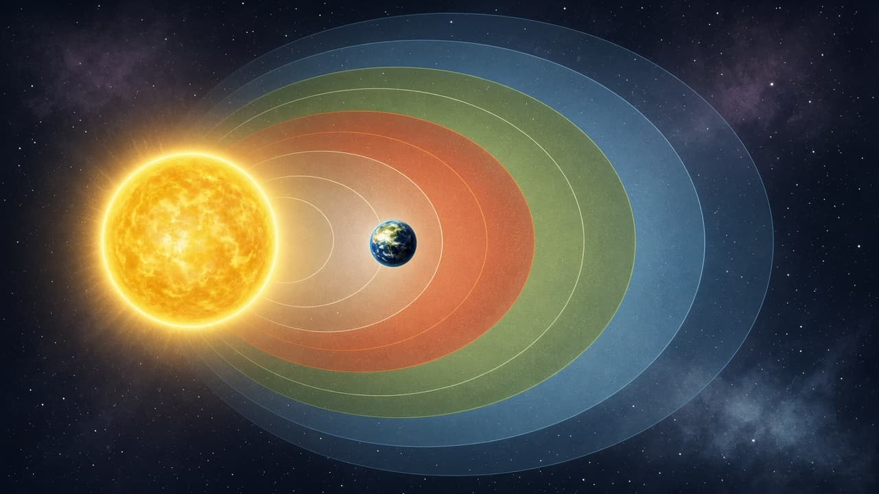 Educational diagram of a star's habitable zone showing the too-hot inner edge, the too-cold outer edge and the band where liquid water can exist on a planet surface