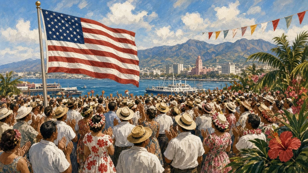 Illustrative Hawaii statehood celebration with flags