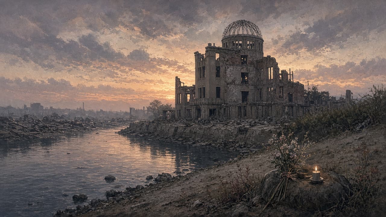 Illustrative view of the devastated city of Hiroshima after the atomic bombing of 6 August 1945